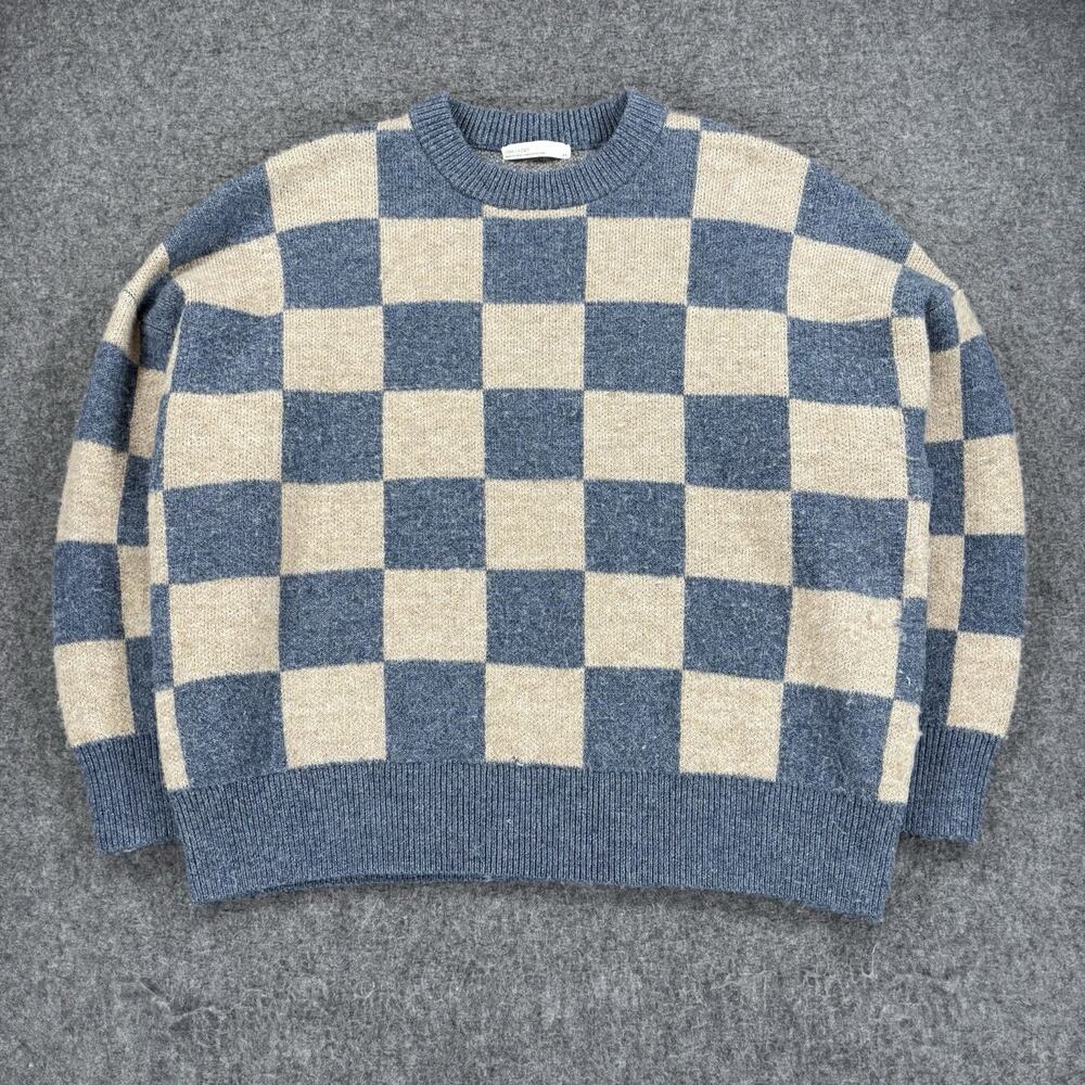 Oak + Fort Checkered Knit Sweater Sz Small Blue Tan Oversized Crewneck SW-8220-W
